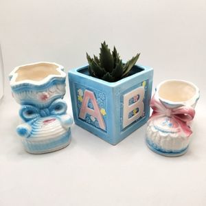 Nursery Decor Vintage Ceramic Pots Made in Japan ABC'S Baby Shoes Set 3